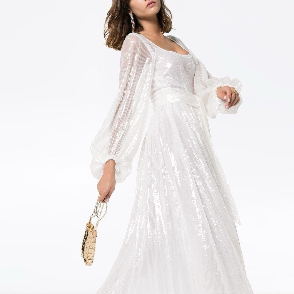 STAUD Pearl Sequin Puff-Sleeve Maxi Dress NWT Size M